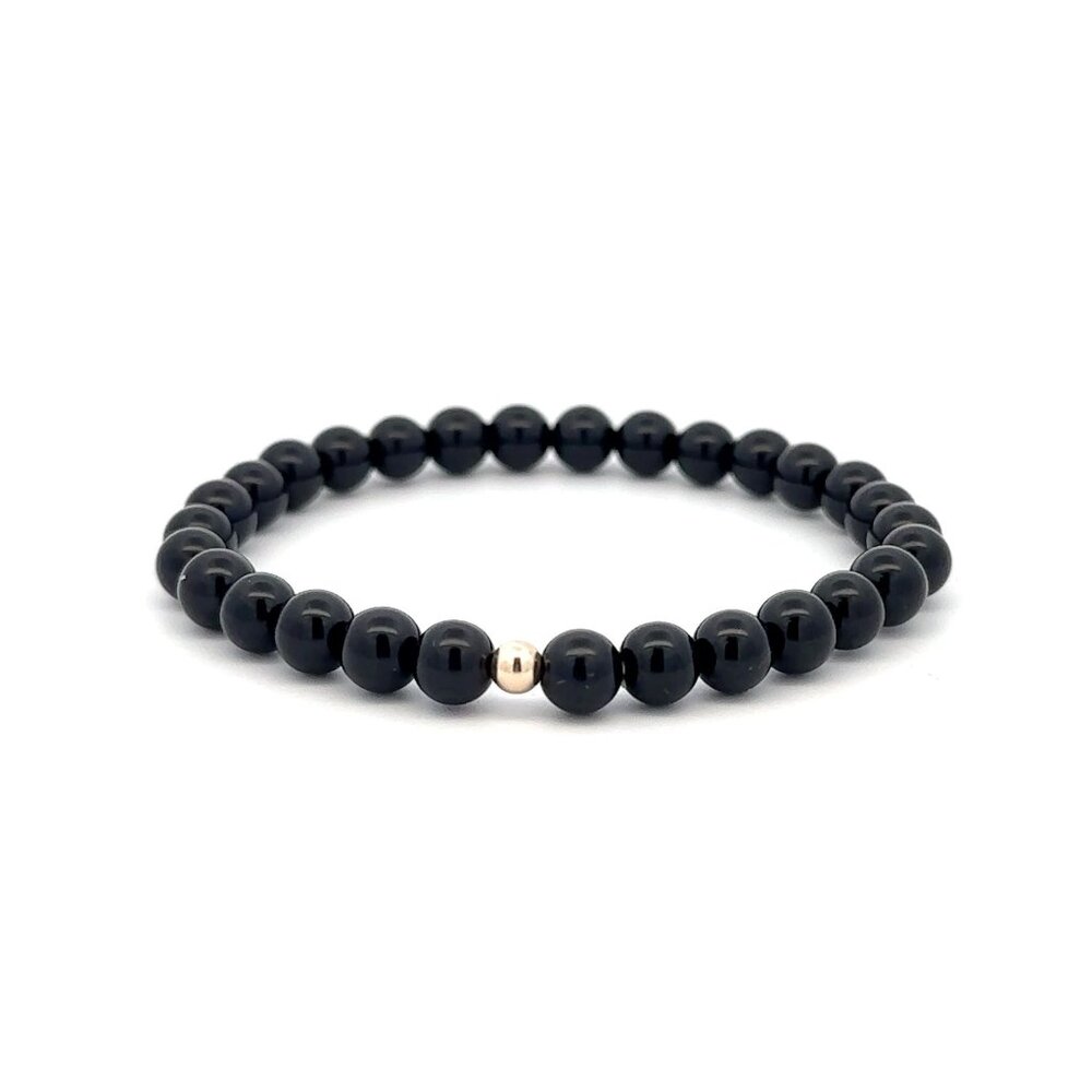 Gemstones Onyx 6mm Stretchable Bracelet 14k Gold Bead Charm